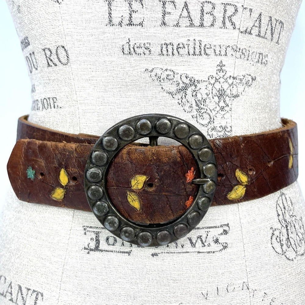 Vintage Brown Leather Belt 32 Western Boho Painted Floral Round Studded Buckle